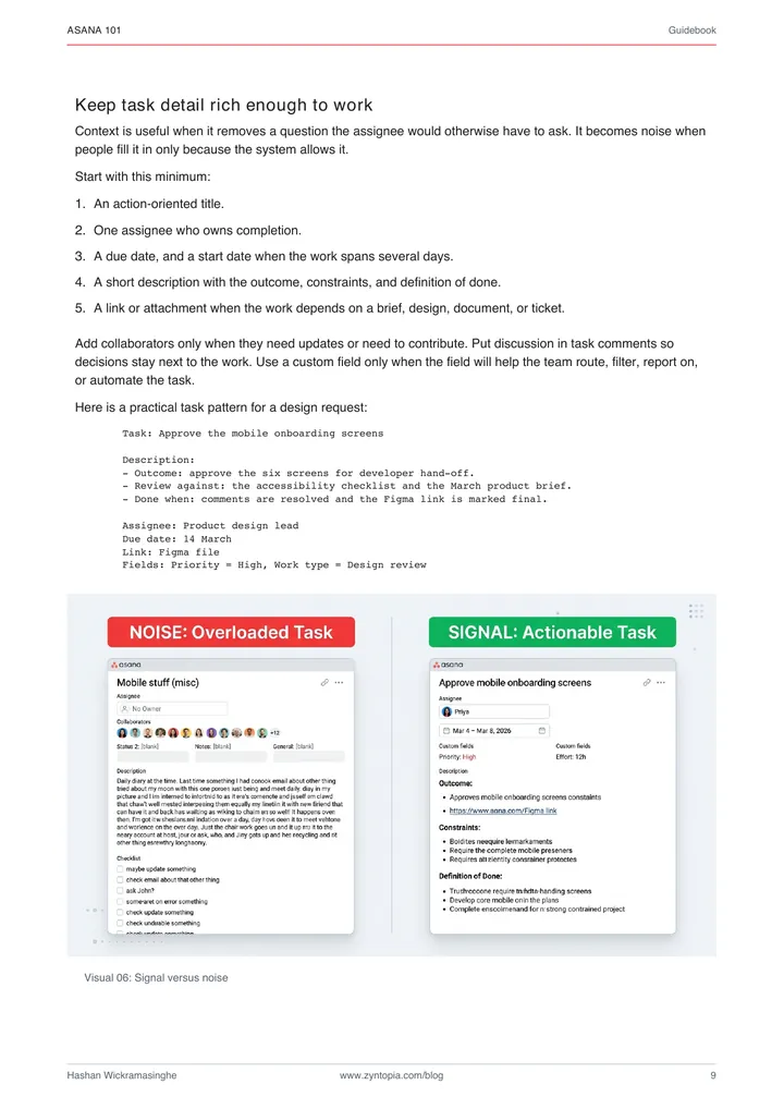 Two cards from the guidebook comparing a weak, overspecified task with a strong, actionable one