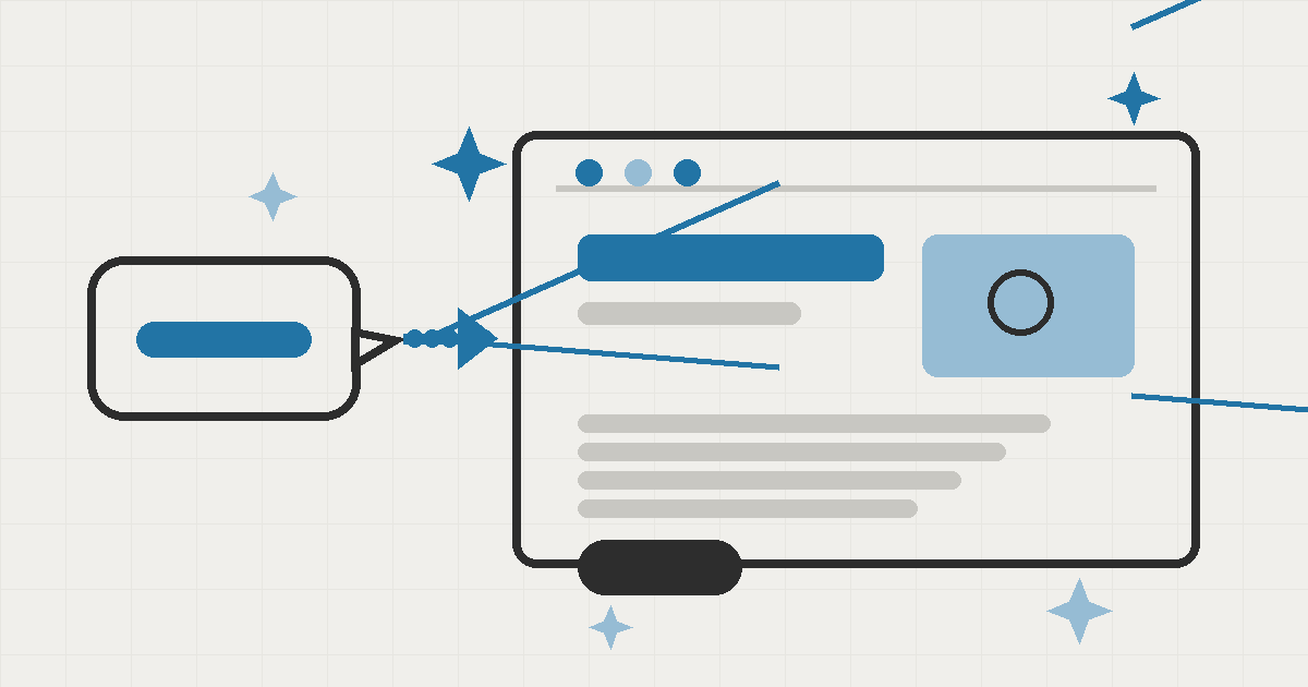 Abstract illustration of a website assembling itself from a single sentence prompt, in warm cream, charcoal, and brand blue