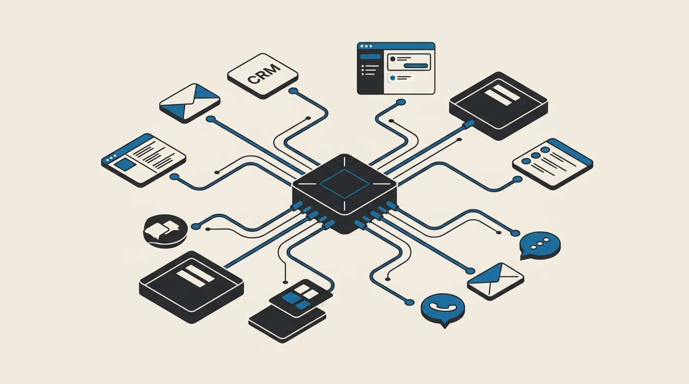 Flat vector illustration of a central AI switchboard connecting to diverse business apps and isolated data trays in cream, charcoal, and blue.