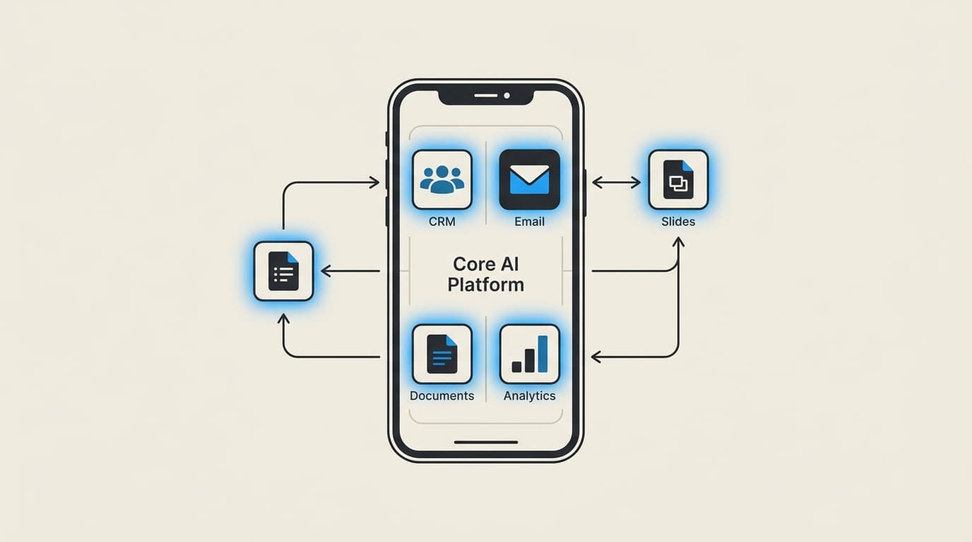 Illustration of the smartphone analogy showing modular business tools living inside a single central AI platform