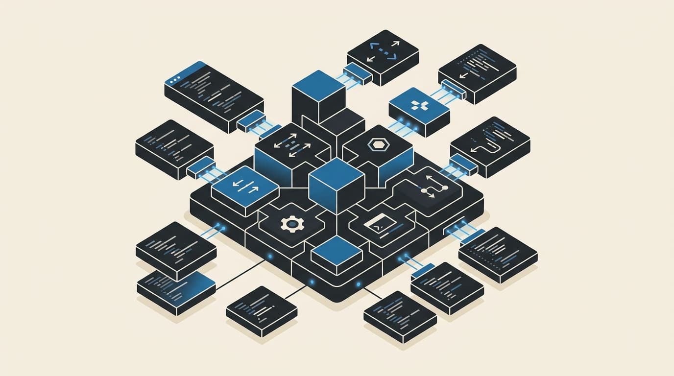 Flat vector illustration of modular plugin blocks connecting to a central foundation in warm cream, charcoal, and brand blue.