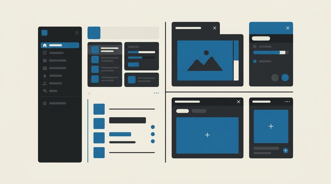 Flat vector illustration of a modern split-pane AI workspace layout with modular interface panels and dynamic canvases in warm cream, charcoal, and blue.