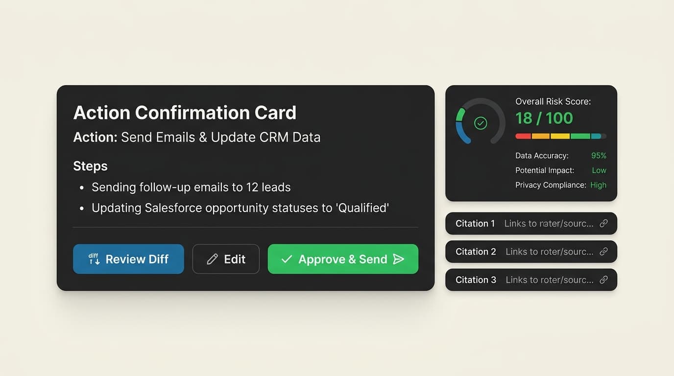 High-trust UI card displaying clear Action Confirmation, Diff review buttons, an Overall Risk Scorecard, and clickable Grounding Citations