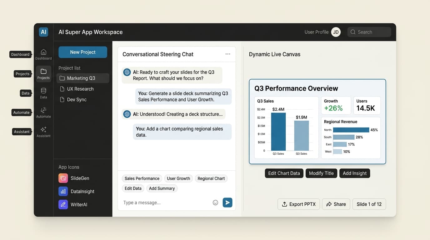 Modern split-pane AI power workspace layout featuring project sidebars, conversational steering chat, and an interactive dynamic live canvas