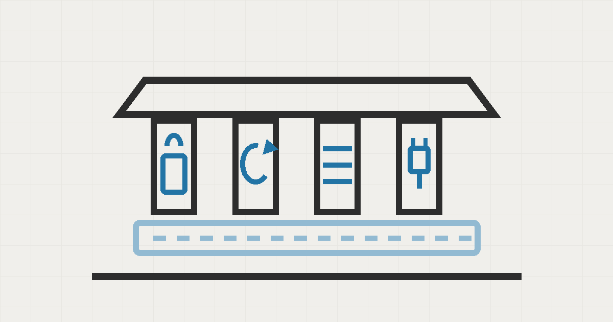 A flat vector building with four pillars marked with a lock, cycle arrows, ledger lines and a plug, standing on a dashed replaceable foundation block