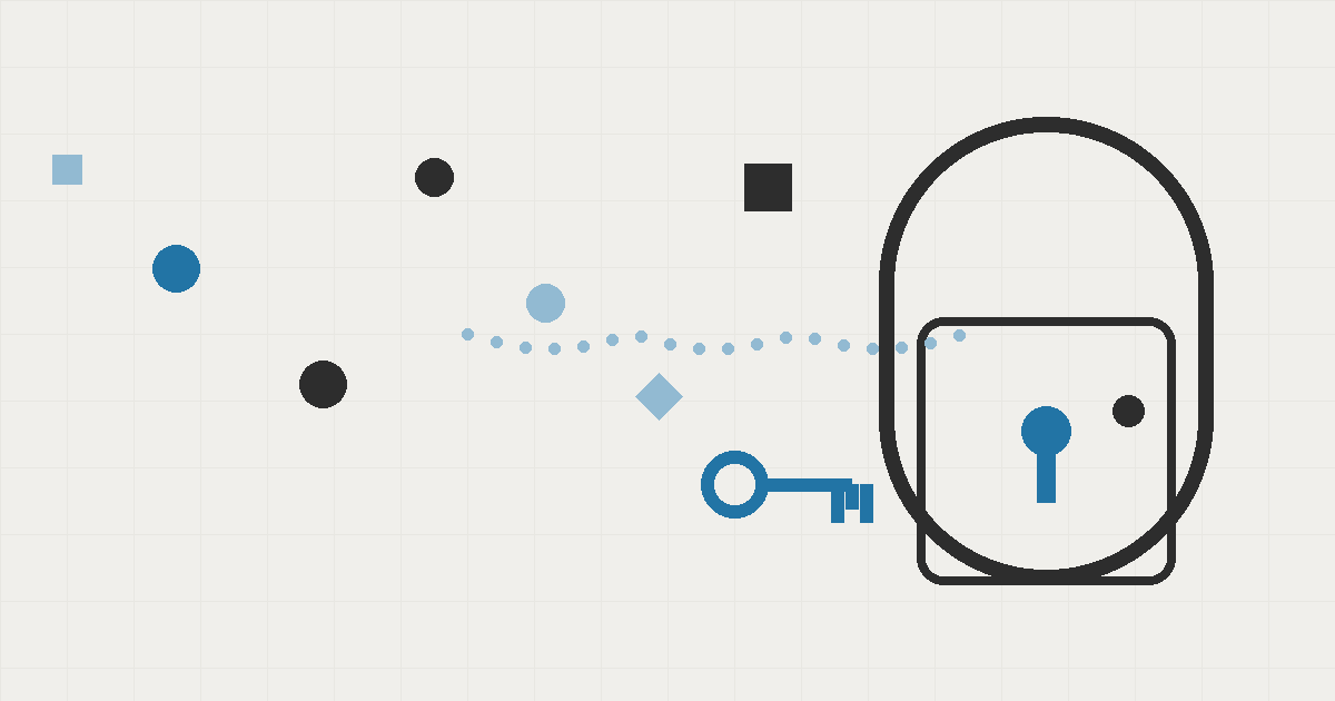Flat-vector illustration of a large charcoal door on the right with a blue keyhole, a blue key and assorted geometric tokens flowing toward it across a cream background with a faint grid.