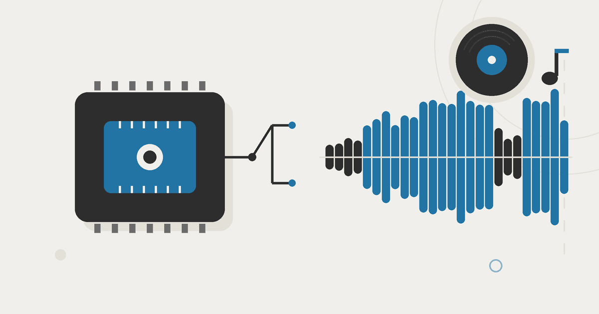 Flat vector illustration of a dark chip on a cream background sending circuit traces into a blue audio waveform, with a vinyl record and musical note above.