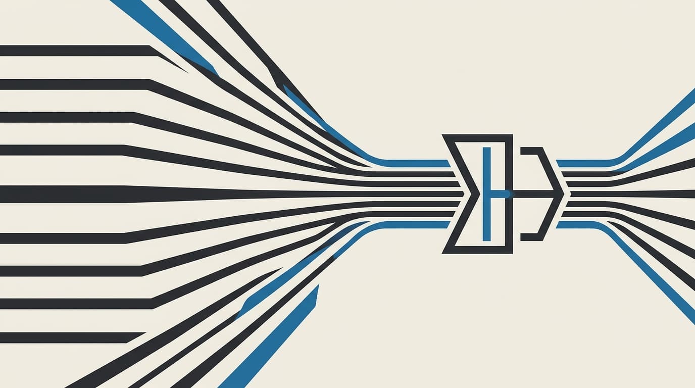 Minimal editorial diagram in charcoal and brand blue on warm cream showing a multi-model fan-out pipeline synthesizing into a single judge outcome.