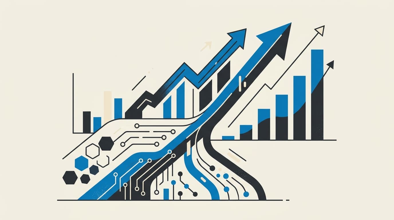 Modern editorial illustration in charcoal and brand blue on cream depicting multiple streams of intelligence merging into a high-performance business core.