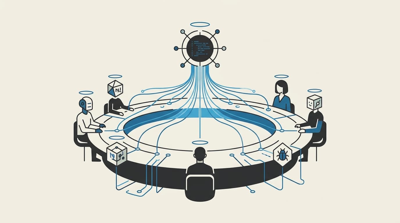 Clean vector editorial illustration in charcoal and blue showing multiple AI models discussing around a central boardroom table on warm cream background.