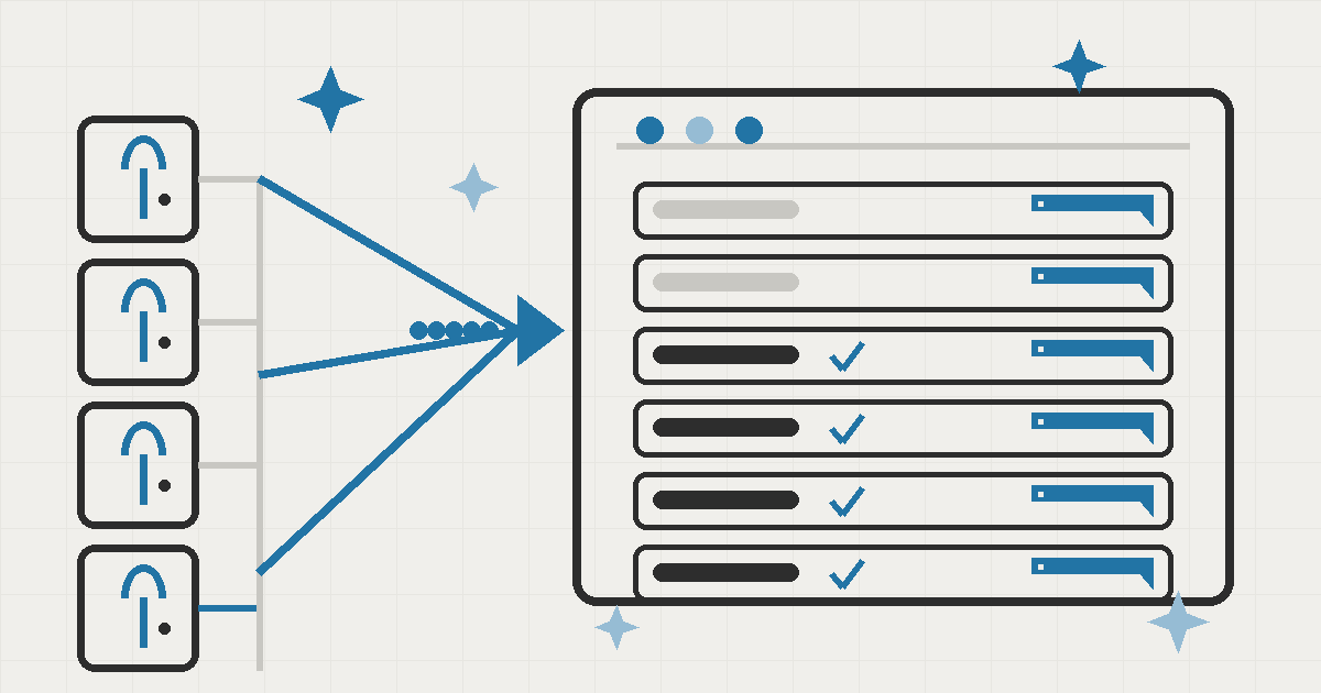 Flat editorial diagram in charcoal and blue on cream: a control room console screen listing model rows with price tags and connected account checkmarks, with four identical doorway icons feeding one shared core.