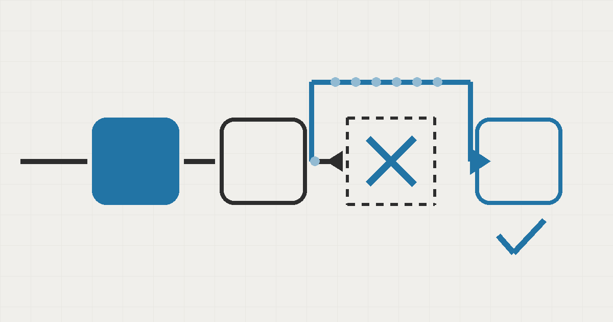Flat editorial diagram in charcoal and blue on cream: a workflow line reroutes over a failed provider node marked with a cross, continuing to healthy provider nodes.