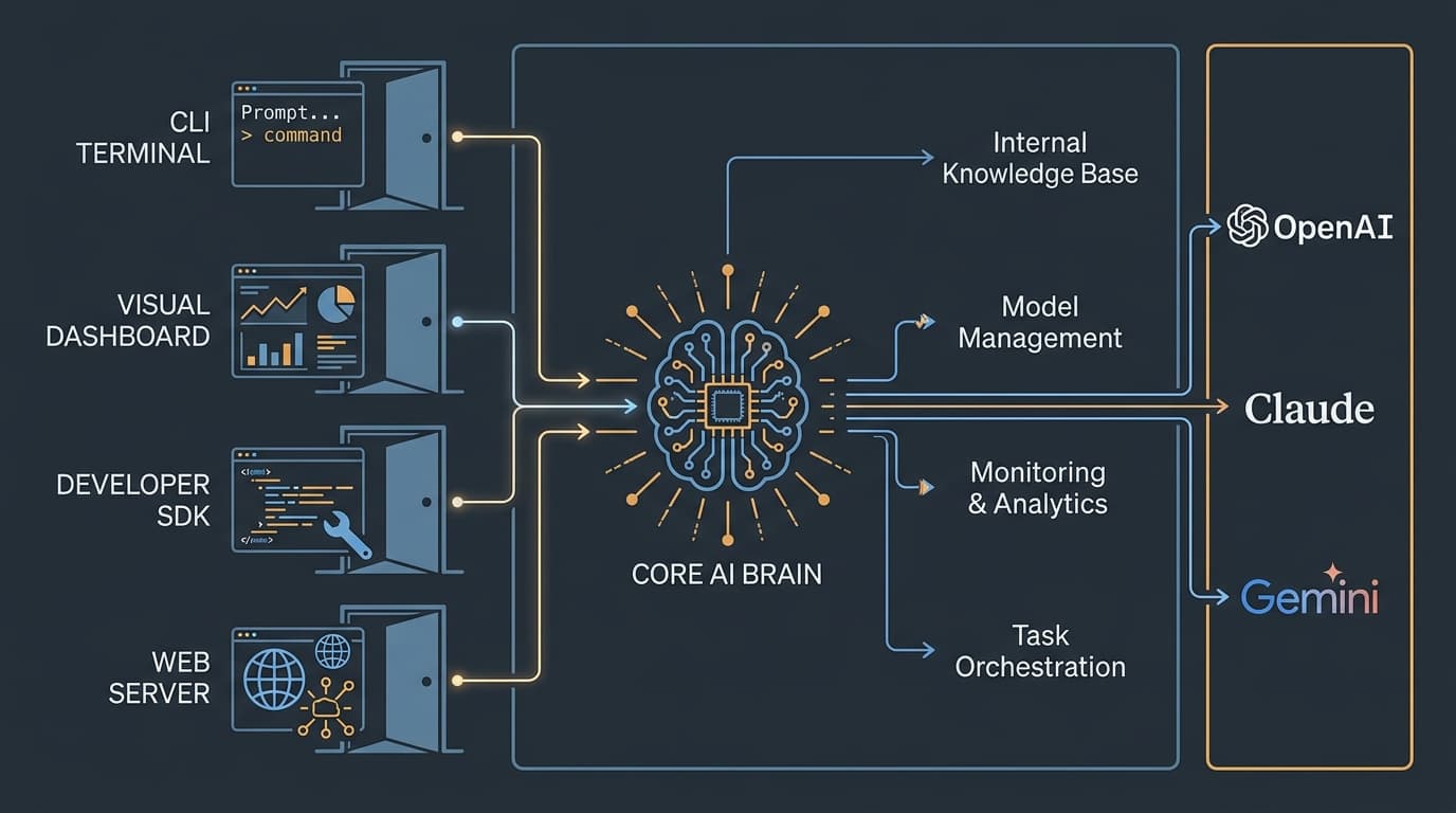 Strategic business architecture showing one unified AI brain powering multiple company touchpoints