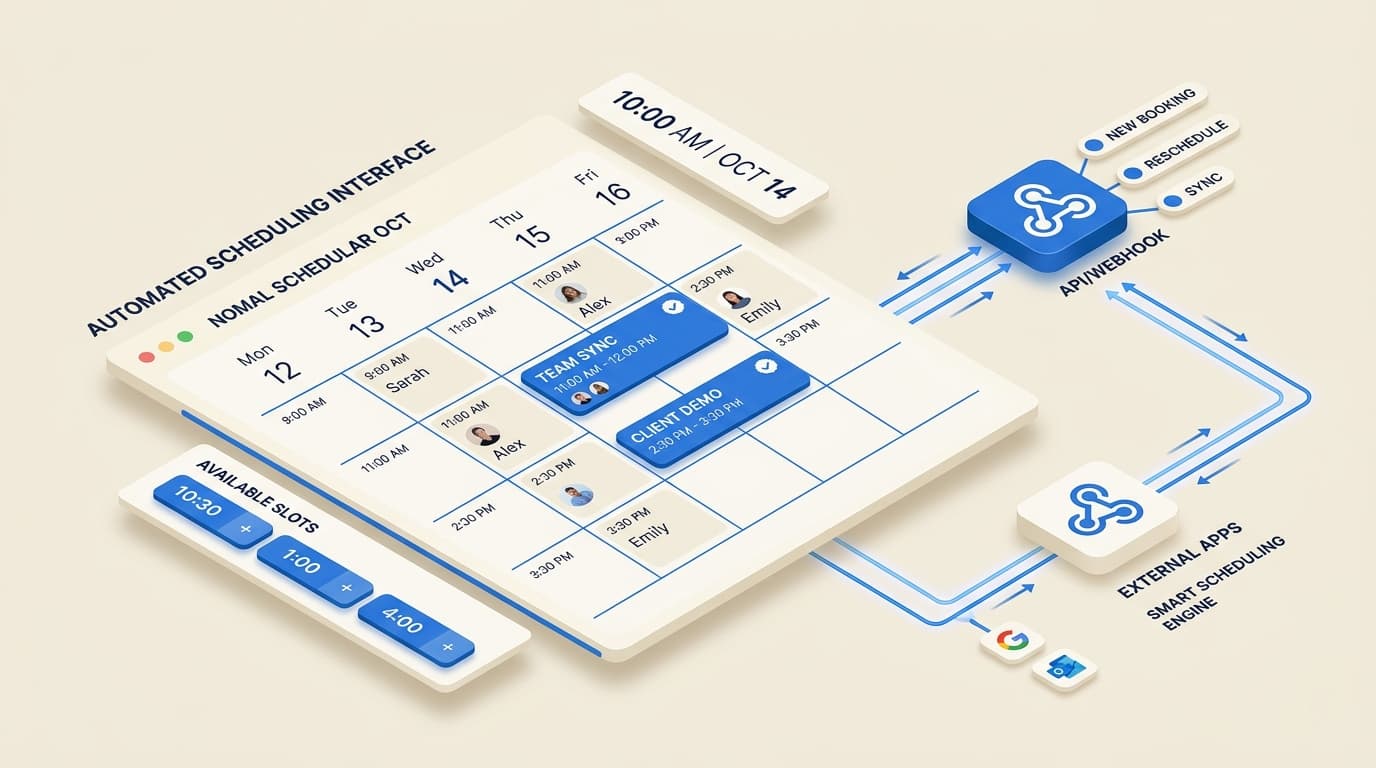 Cal.com appointment booking interface and automated webhook scheduling illustration