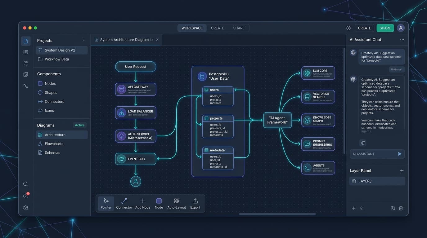 Creately AI visual workspace and system architecture diagramming canvas