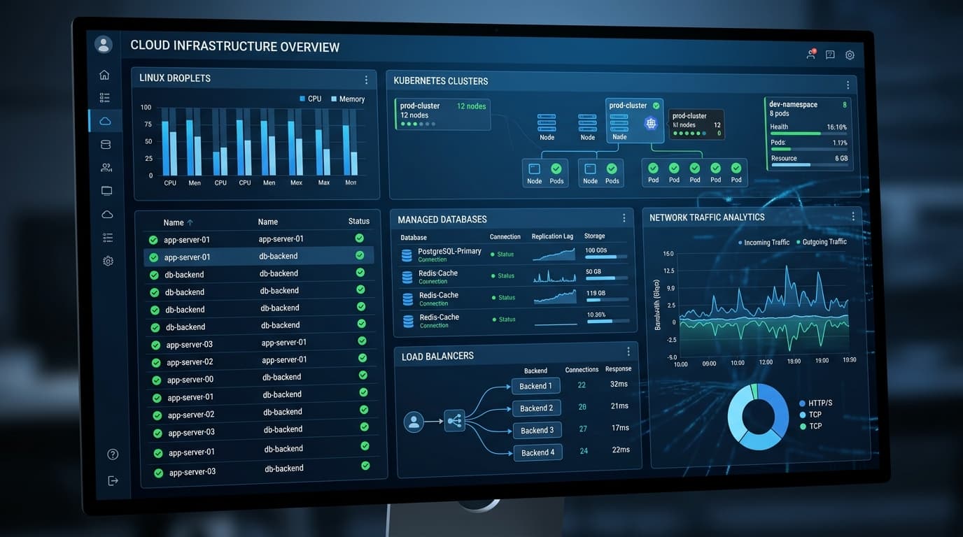 DigitalOcean cloud infrastructure dashboard with Linux Droplets, Kubernetes, and managed databases