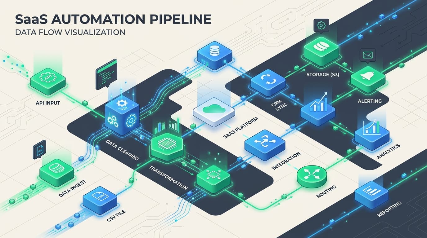 n8n workflow automation pipeline illustration showing interconnected nodes and integrations