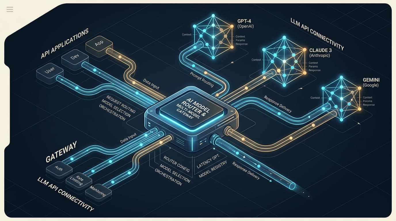 OpenRouter AI model gateway routing matrix connecting Kimi, Claude, DeepSeek, and OpenAI models