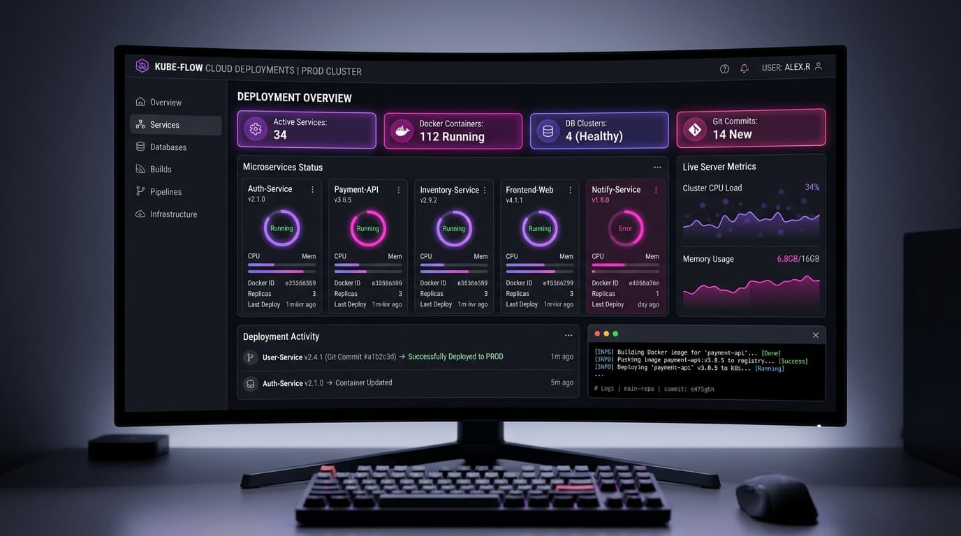 Railway cloud deployment dashboard showing microservices, databases, and Docker containers