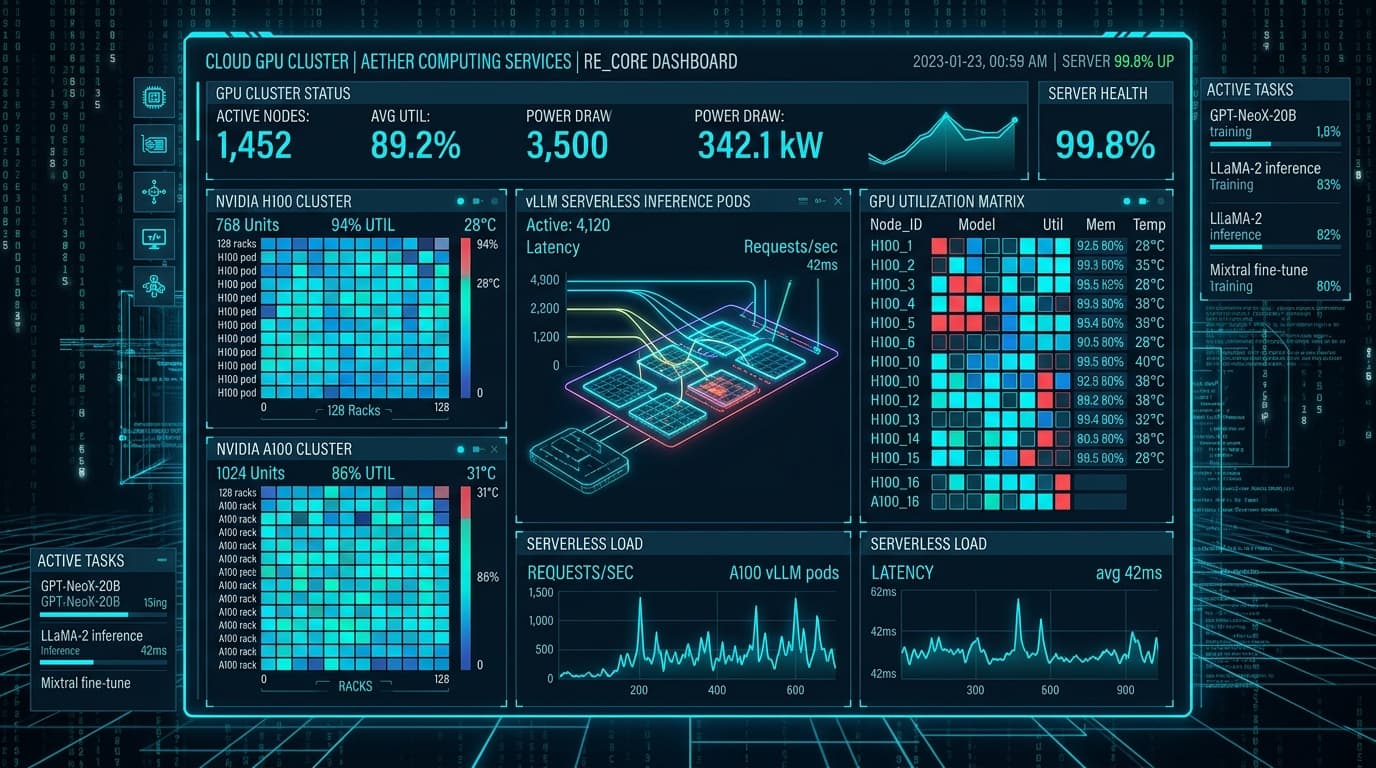 RunPod AI GPU cloud compute dashboard showing NVIDIA H100, A100, and serverless inference pods