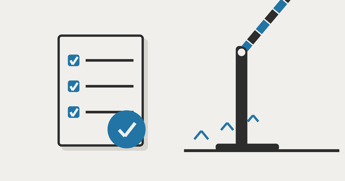 A checkpoint gate on a software release line, flat vector style with cream background and brand blue accents