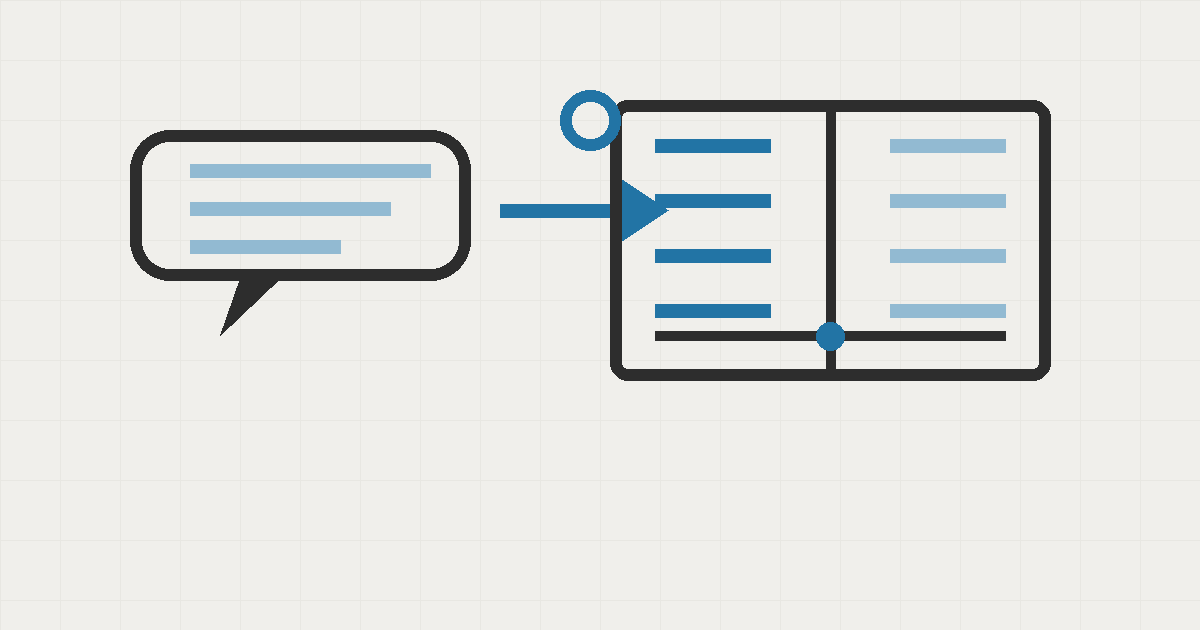 A speech bubble with spoken words flowing into an open ledger book with two balanced entry columns