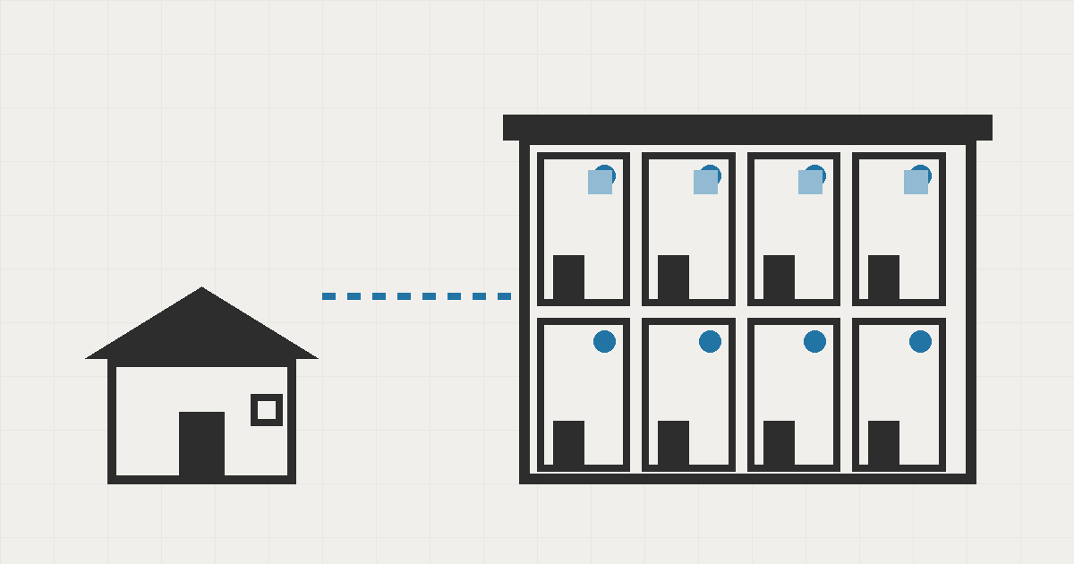 Abstract editorial illustration of a small workshop growing into a building with many separate rooms